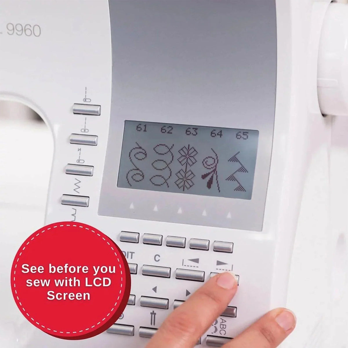 LCD screen of the SINGER Quantum Stylist 9960 Sewing Machine with Extension Table.