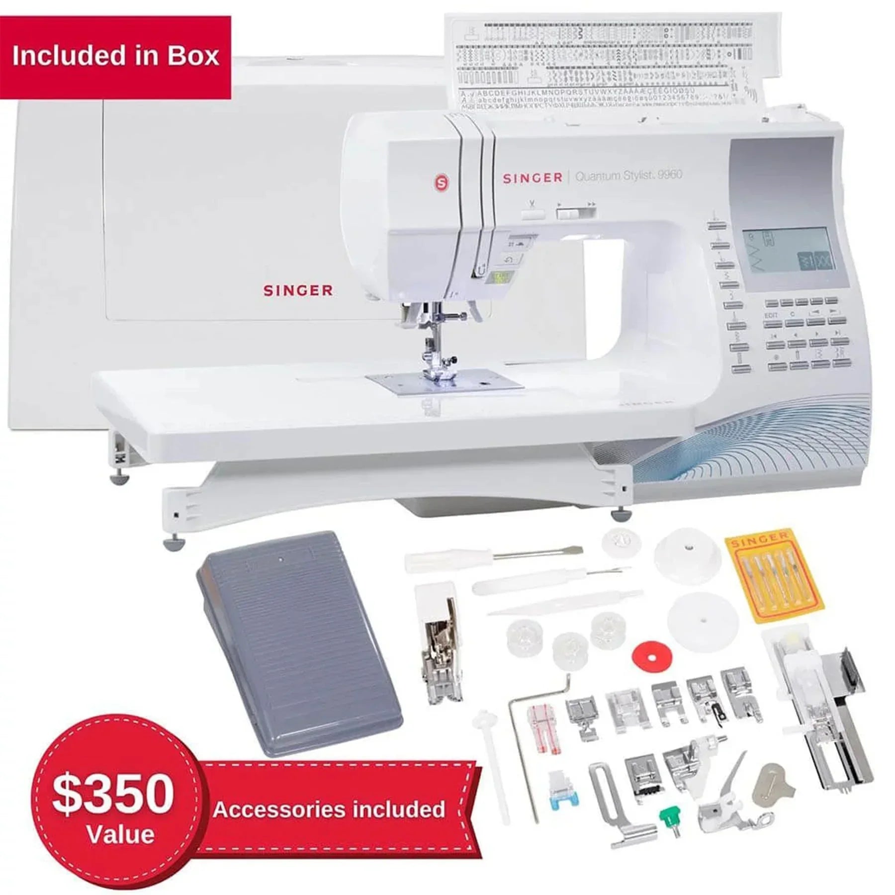 A Sample of the SINGER Quantum Stylist 9960 Sewing Machine with Extension Table and accessories included.