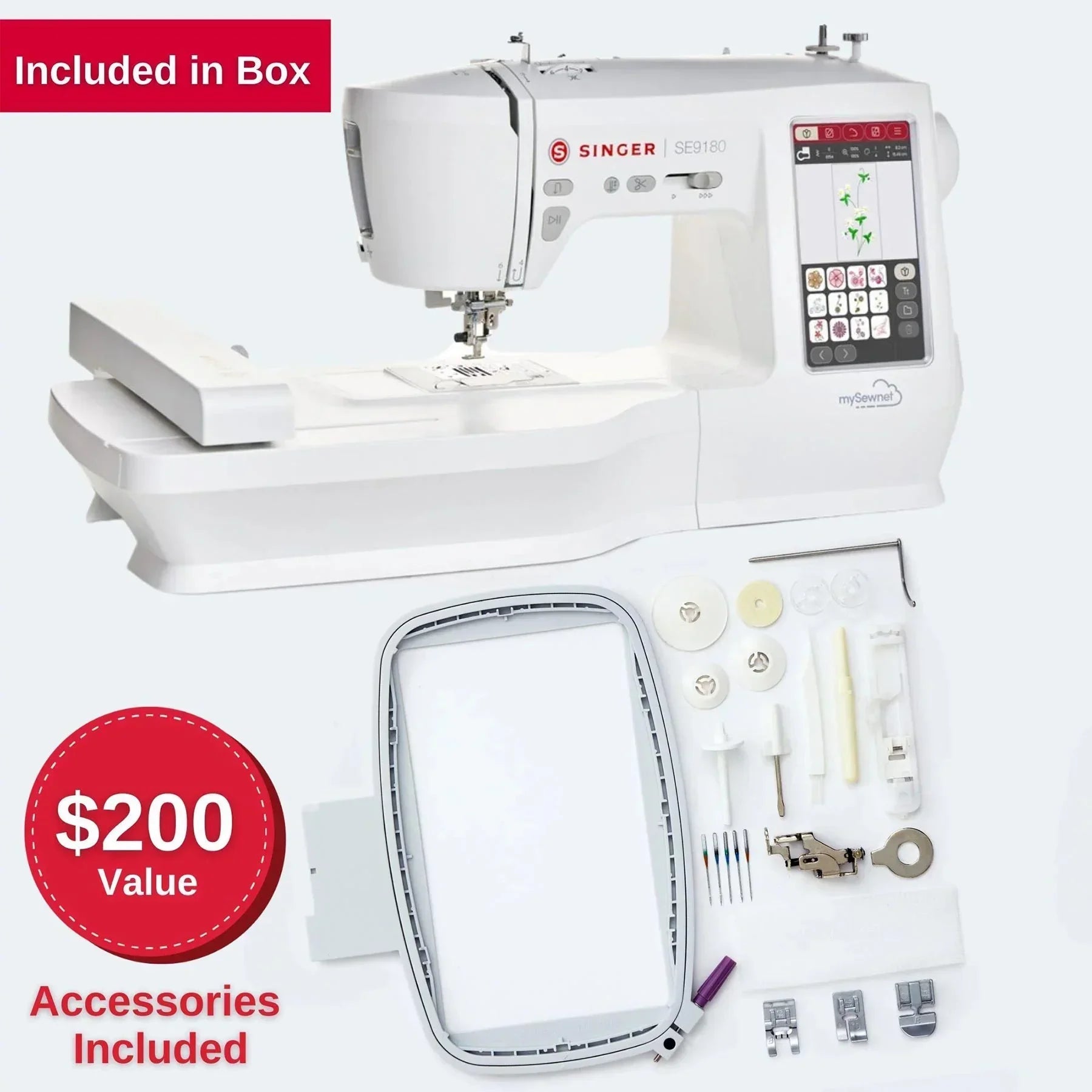 A sample of the SINGER SE9180 Sewing & Embroidery Machine with accessories included.