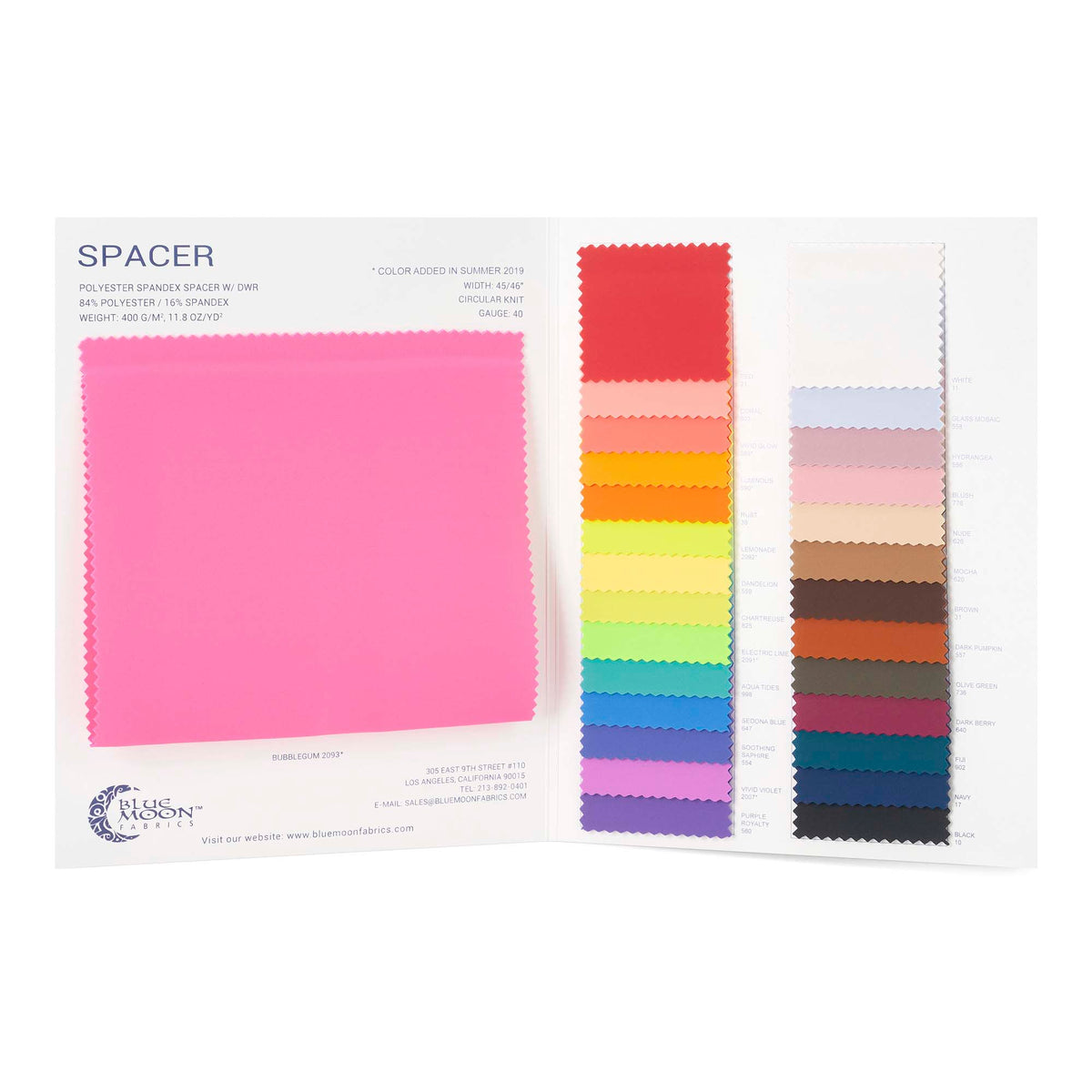 A Color Card consisting swatches of Spacer Scuba Knit Fabric.