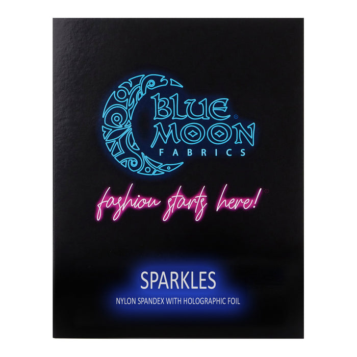 A sample color card for Sparkles Nylon Spandex With Holographic Foil, featuring all fabric color options in swatches.