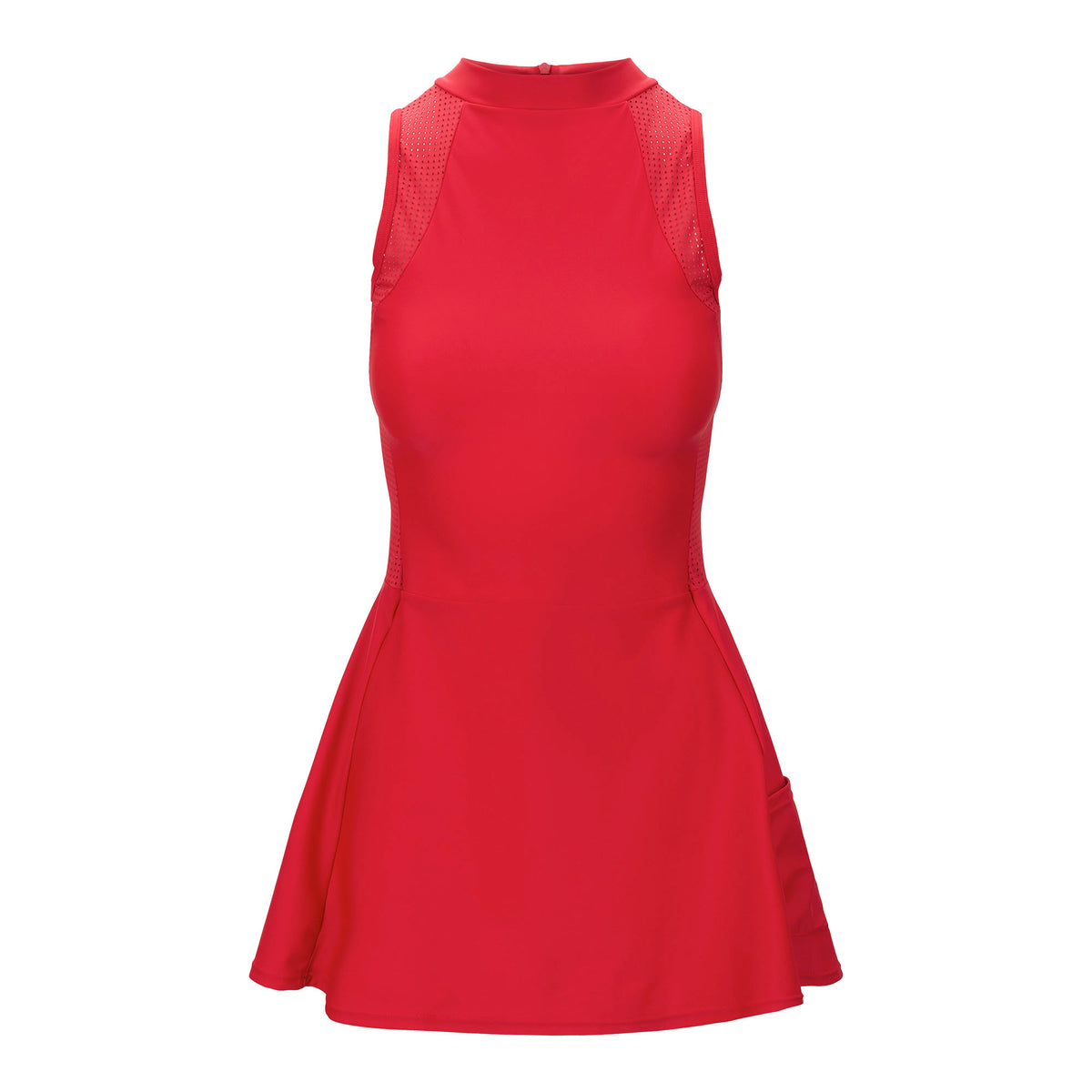 A sample dress made of Eco-Move Recycled Matte Nylon Spandex Tricot Fabric in color red.