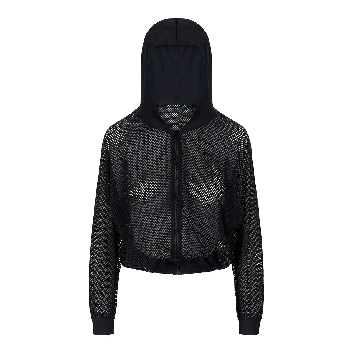 A sample hoodie made of Spirit Recycled Nylon Lycra Tricot Mesh Fabric in color of Black.