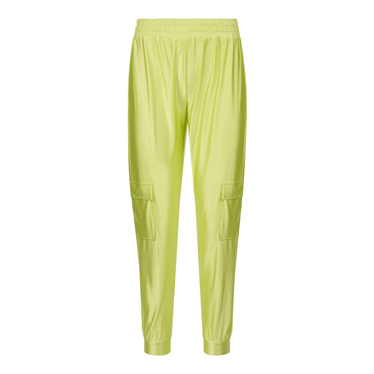 A cool sample pants made of Stretch Satin Look Recycled Nylon Spandex in seagrass.