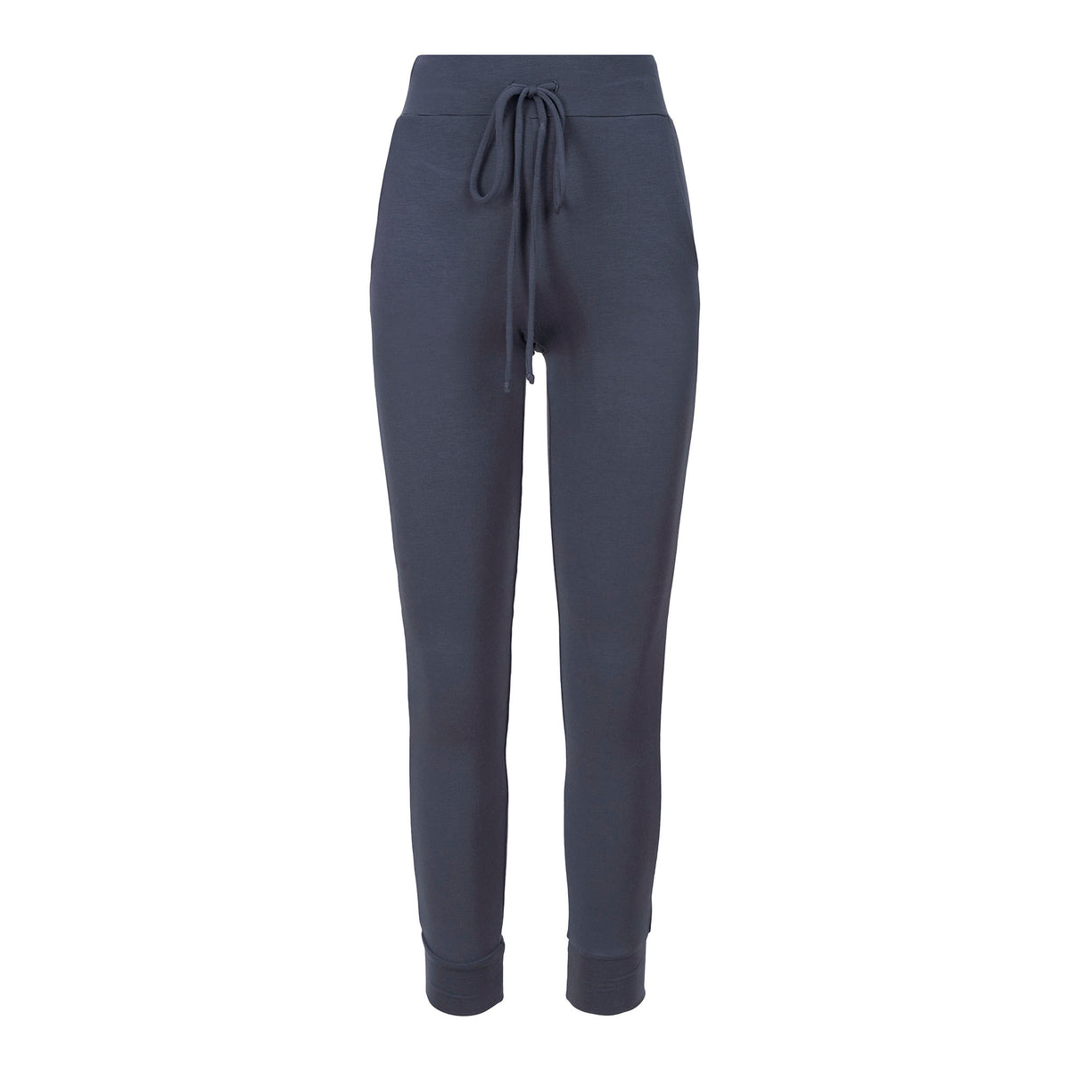 A sample sweat pants made using Tranquility Modal Spandex Fabric in color slate gray.
