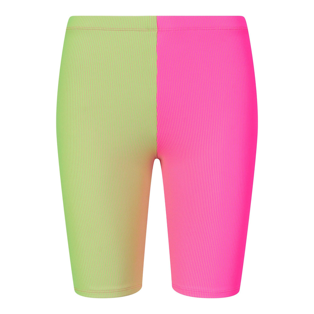 A sample biker shorts made of Two Tone Rib Nylon Polyester Spandex Fabric in color Neon Pink/Lime & Lime/Neon Pink.