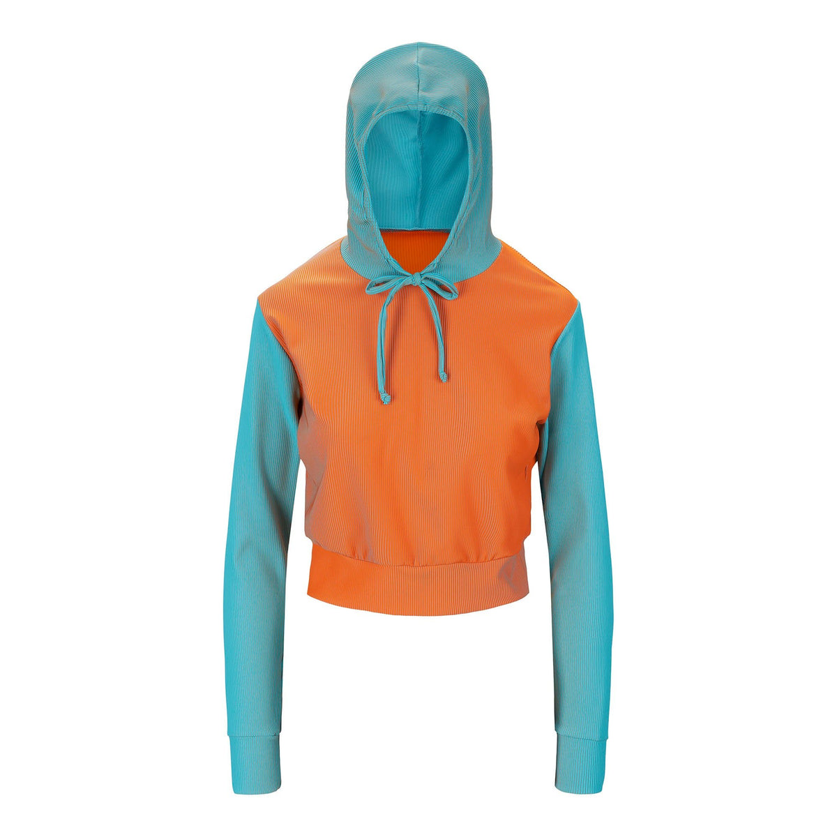 A sample hoodie made of Two Tone Rib Nylon Polyester Spandex Fabric in color Light Turquoise/Rust & Rust/Light Turquoise.
