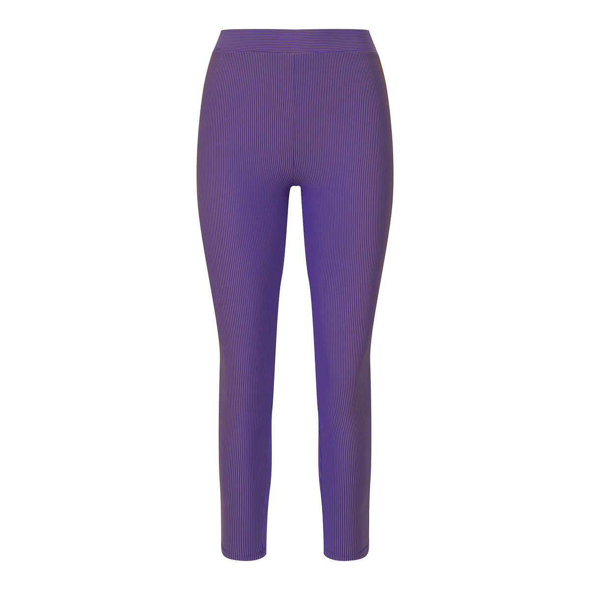 A sample leggings made of Two Tone Rib Nylon Polyester Spandex Fabric in color Lavender/Mustard.