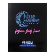 A sample color card for Venom Shiny Look Nylon Spandex, featuring all fabric color options in swatches.