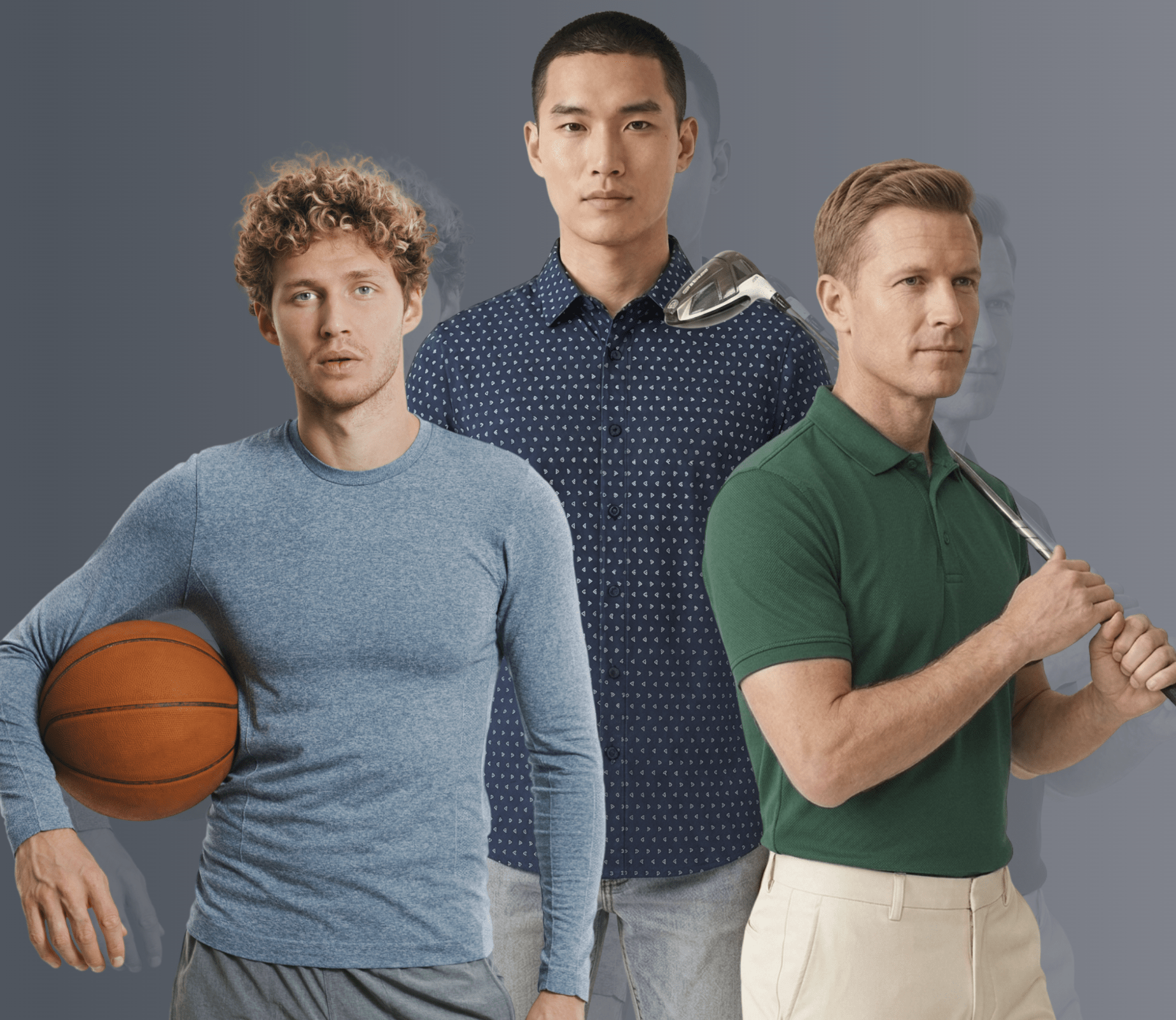 Three men modeling a versatile menswear collection: athletic wear with a basketball, smart-casual in a patterned shirt, and a classic golf outfit.