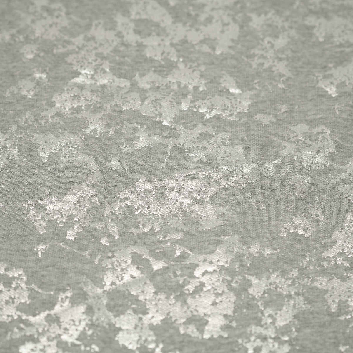 A flat sample of Cloud 9 Foil Printed Brushed Terry Fleece in the color Gray/Silver
