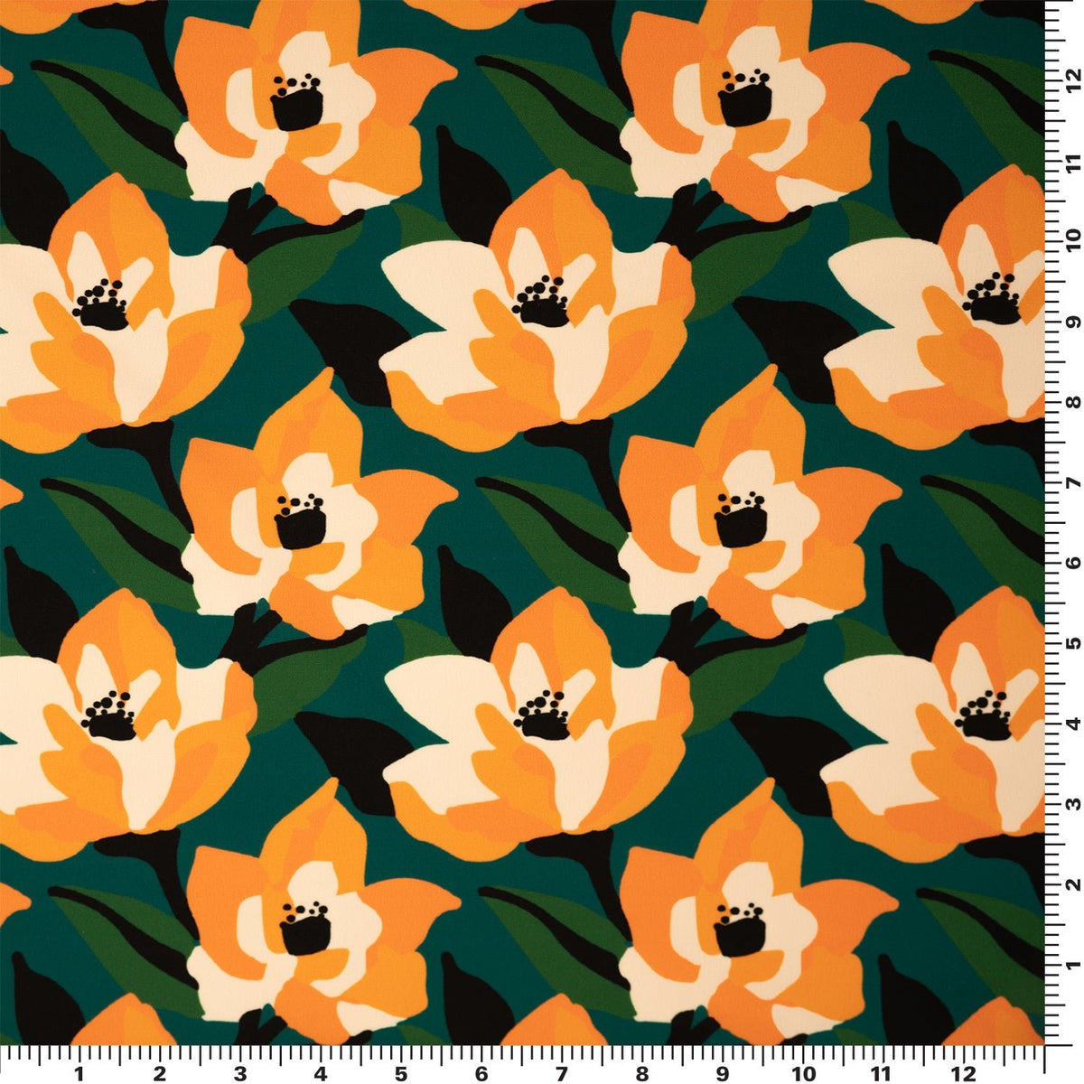 A flat sample of Abstract Painted Lilies Printed Spandex in Teal/Orange.