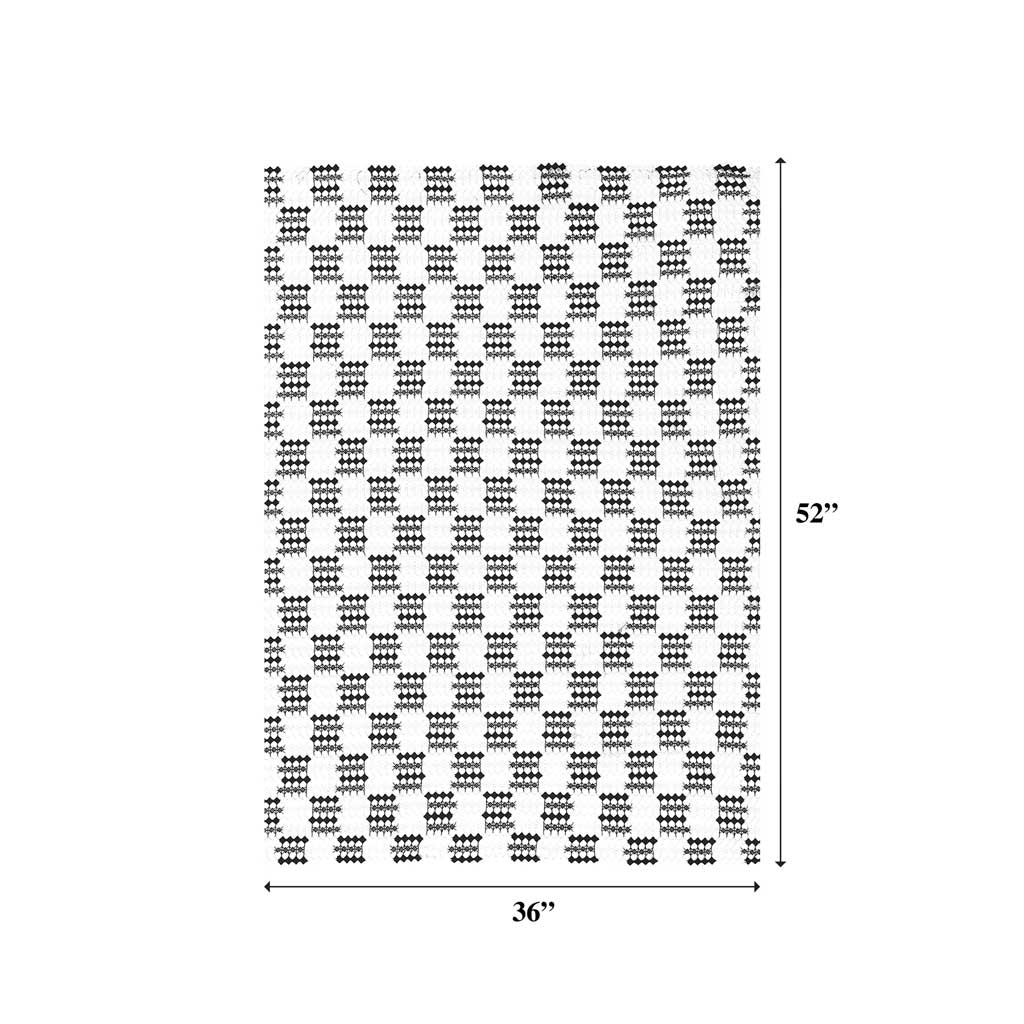 A measured flat sample of checkmate mechanical lace in the colors black and white.