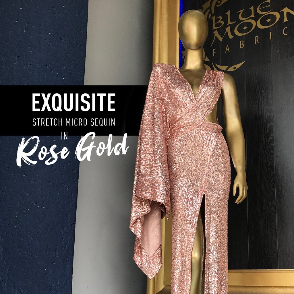 A flat sample of exquisite stretch mesh sequin in the color rose gold available at blue moon fabrics.