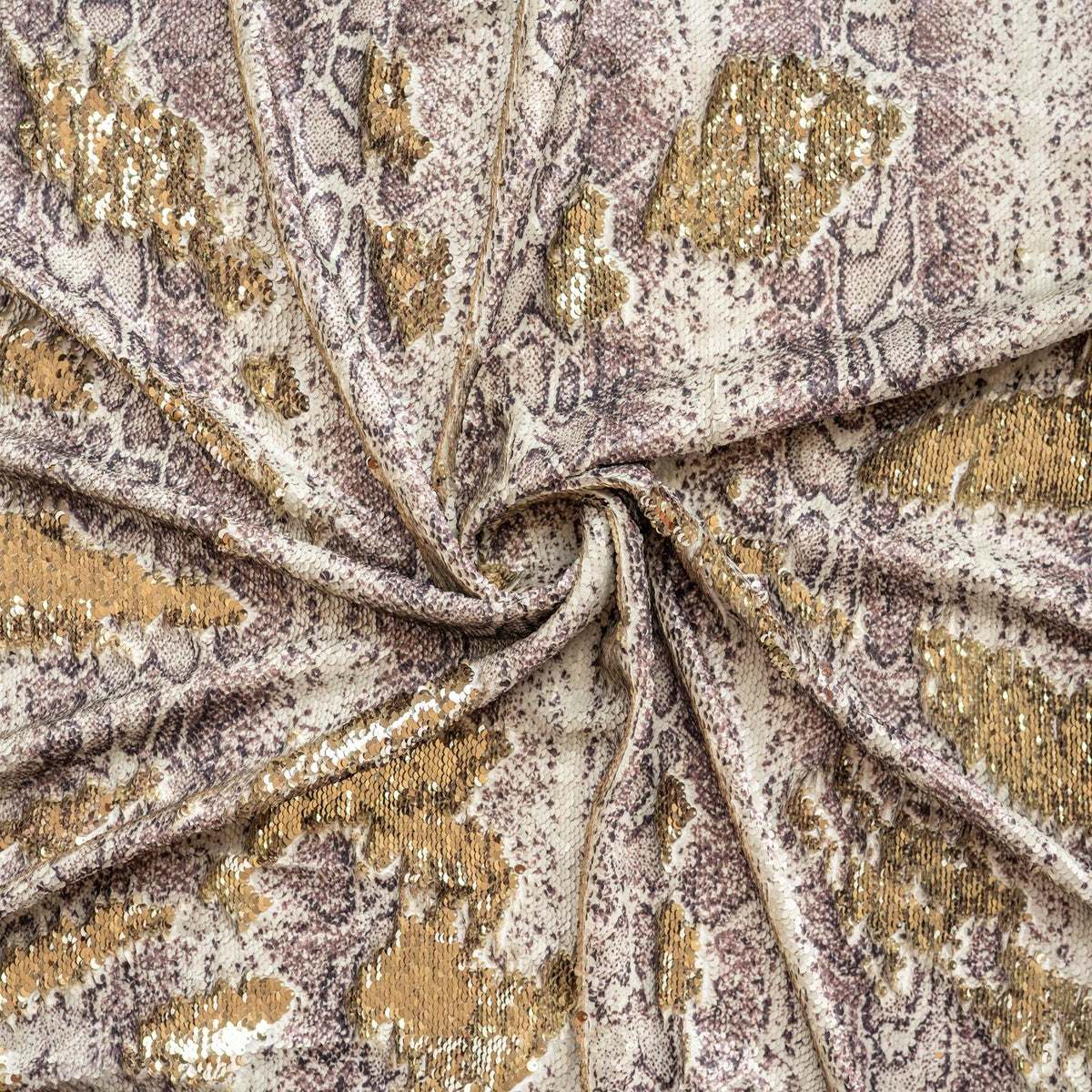 A swirled sample of Golden Anaconda Printed Flip Sequin on Spandex 