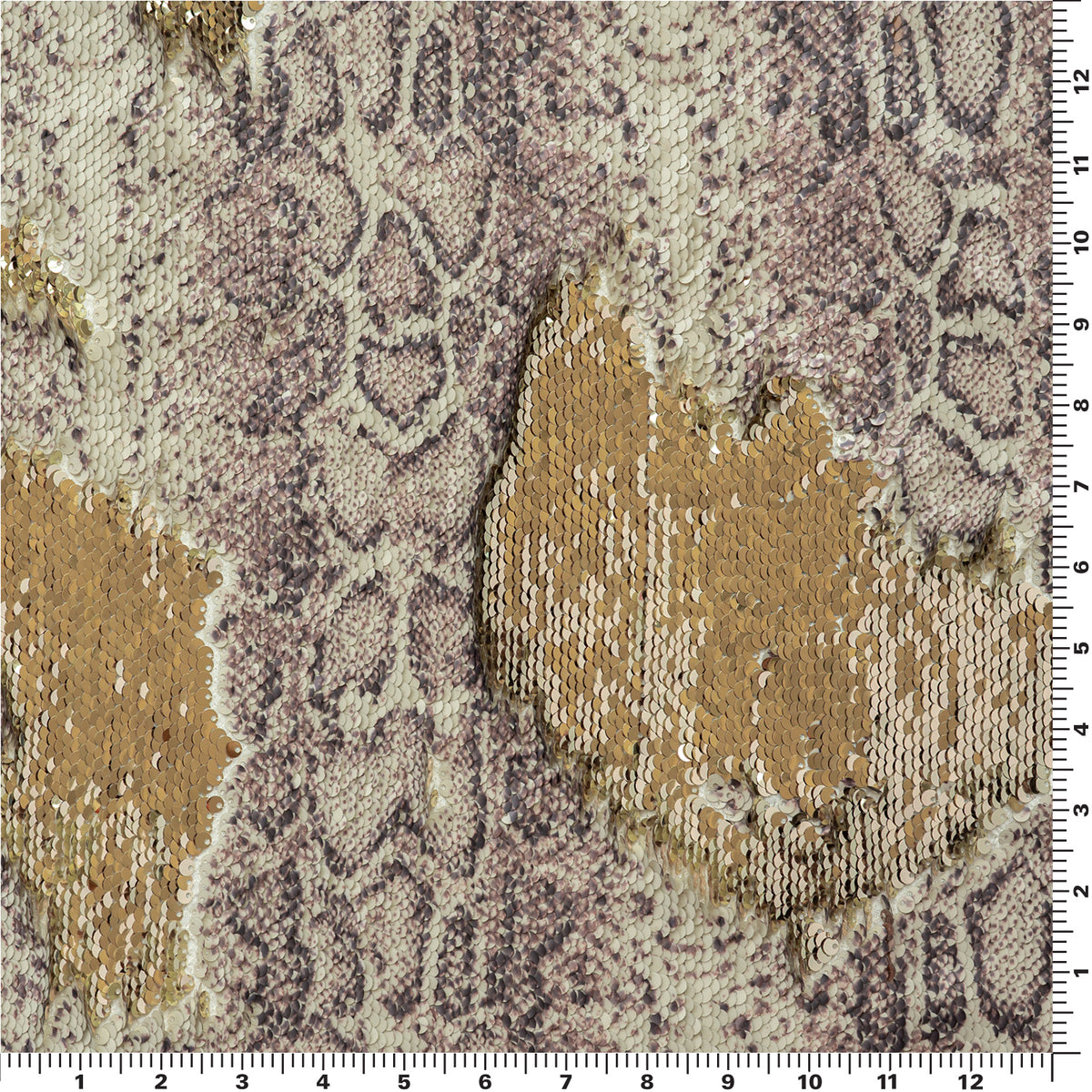 A flat sample of Golden Anaconda Printed Flip Sequin on Spandex. 