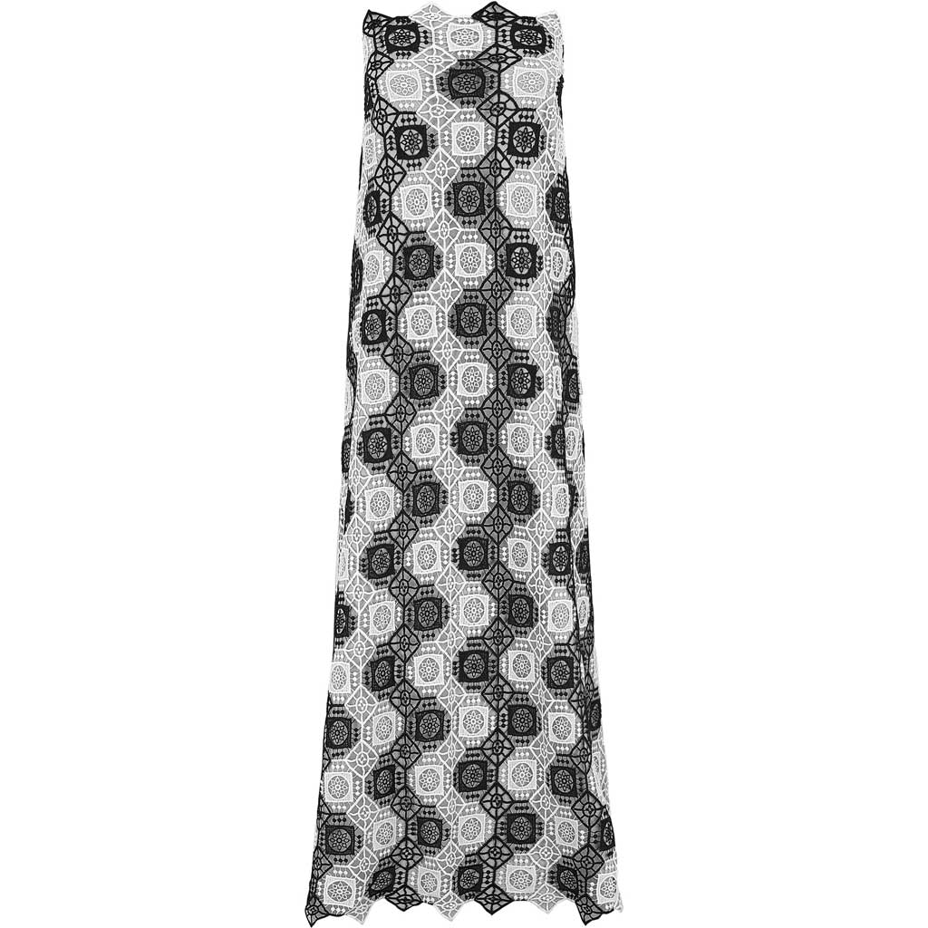 A draped sample of frequency mechanical lace in the color black and white.