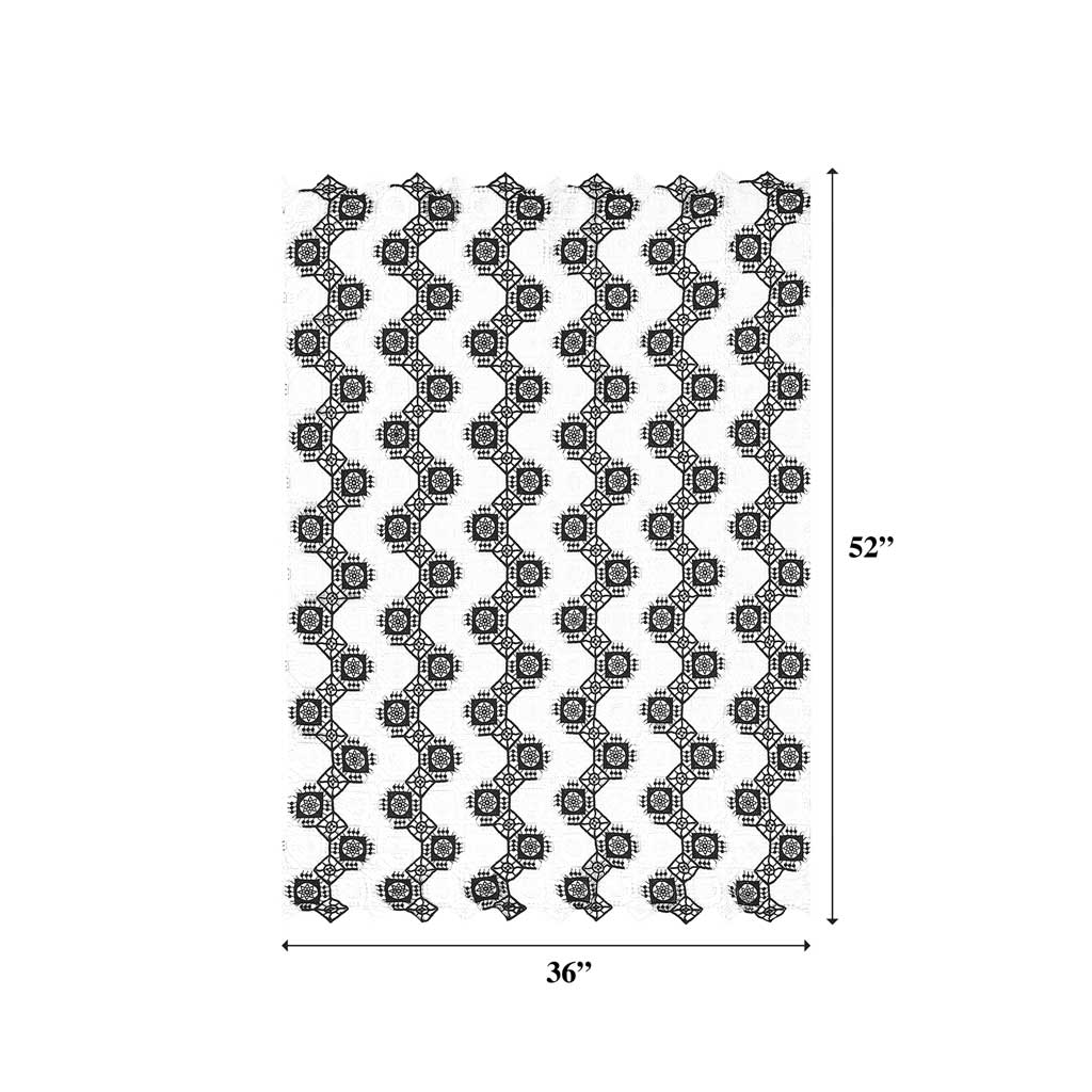 A measured sample of frequency mechanical lace in the color black and white.