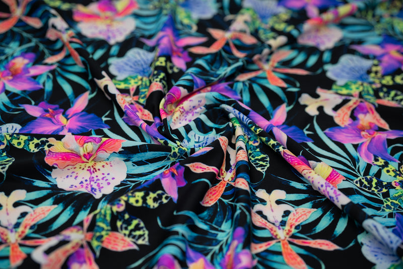 Irises and Palm Fronds Printed Spandex Fabric