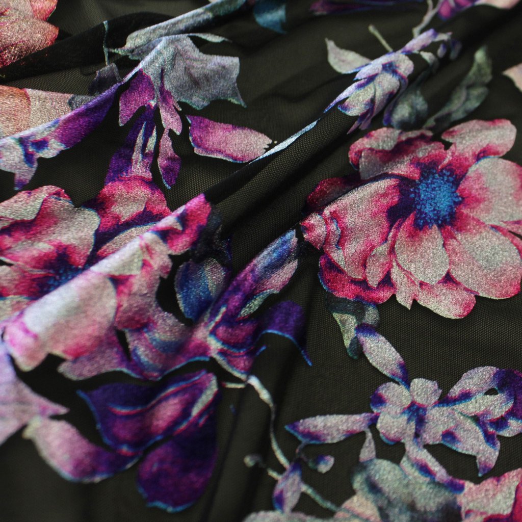 Lolita Black Stretch Mesh with Metallic Floral Foil Print