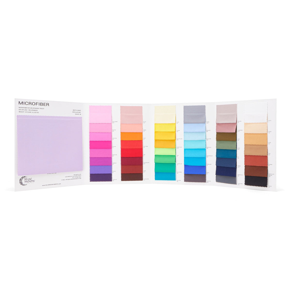 A sample of Microfiber Nylon Spandex Color Card in Blue Moon Fabrics with all color options