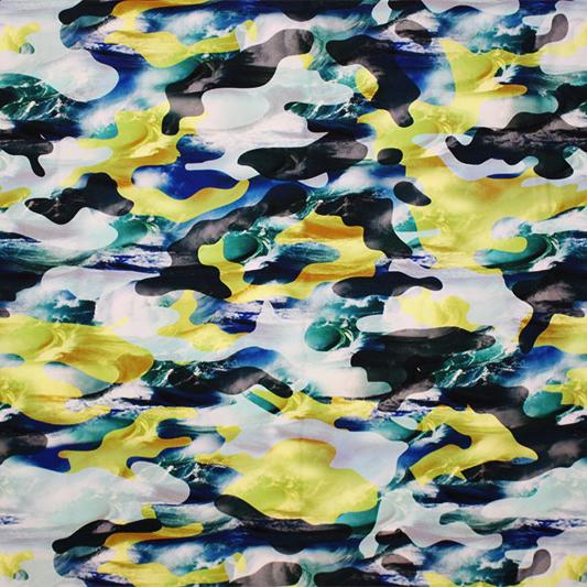 A flat sample of Multi Color Camo Printed Spandex.