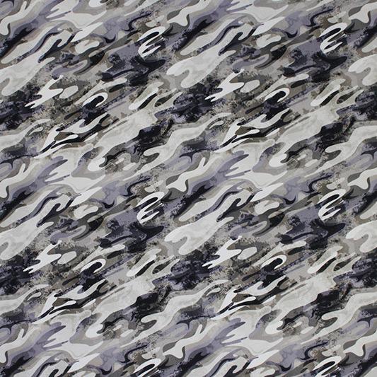 A flat sample of Neutral Gray Camo Printed Spandex.