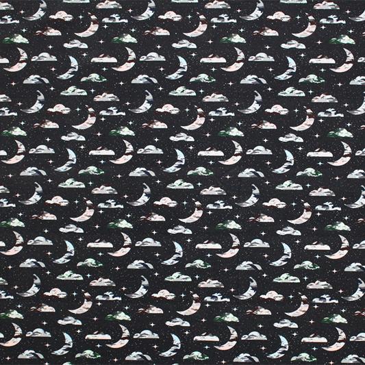 A flat sample of Crescent Moon Sky Printed Spandex.