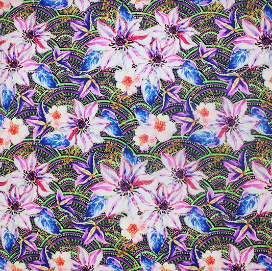 A flat sample of Electric Lilies Printed Spandex.