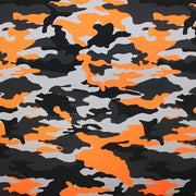 A flat sample of Camo Orange Printed Spandex.