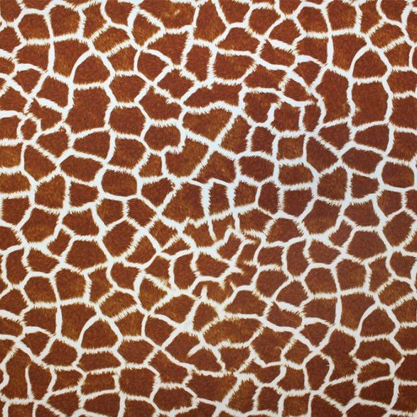 A flat sample of giraffe printed spandex.