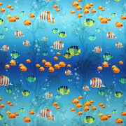 A flat sample of epic aquarium printed spandex.