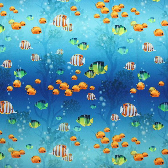 A flat sample of epic aquarium printed spandex.
