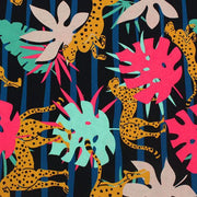 A flat sample of cheetahs on parade printed spandex.