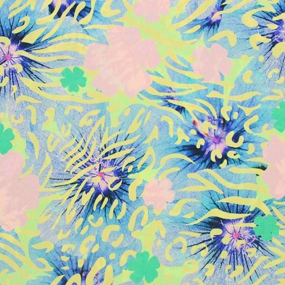 A flat sample of groovy times printed spandex.