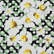 A flat sample of dotted daisies printed spandex.