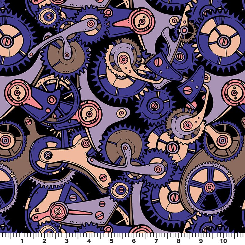 A sample of Grind My Gears Printed Spandex and a ruler for scale. Design included purple and peach illustrated gears on a black background.