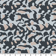 A sample of pop art camouflage printed spandex in the color charcoal-light pink and a ruler for scale.