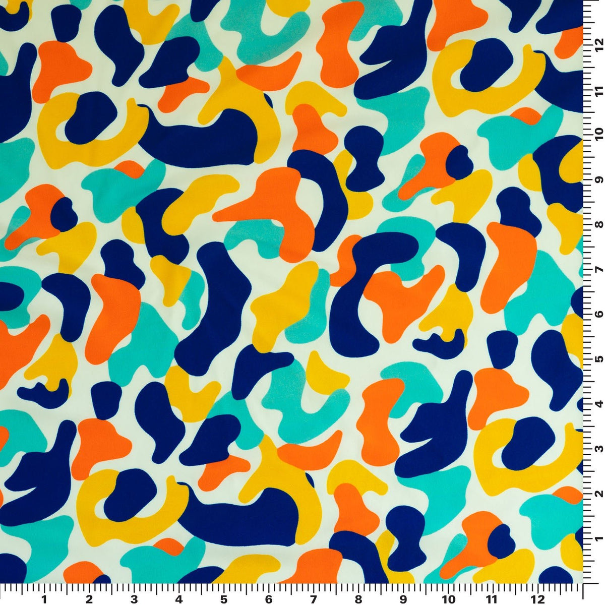 A flat sample of Fun House Camo Printed Spandex.