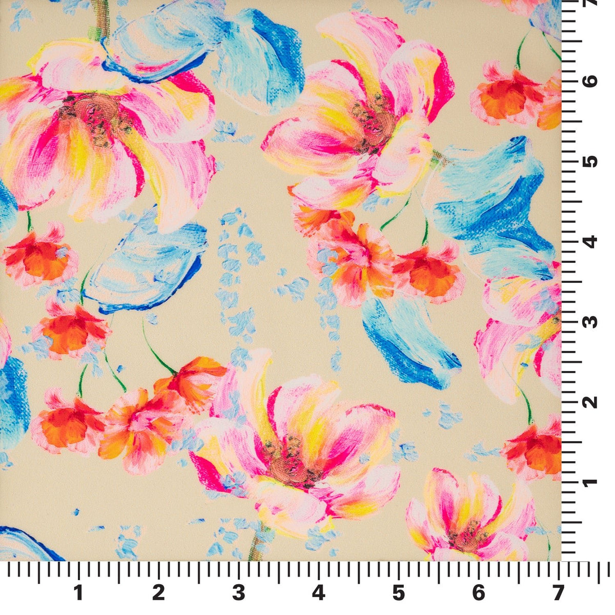 A measured panel 7" x7" piece of Painterly Flowers Printed Spandex