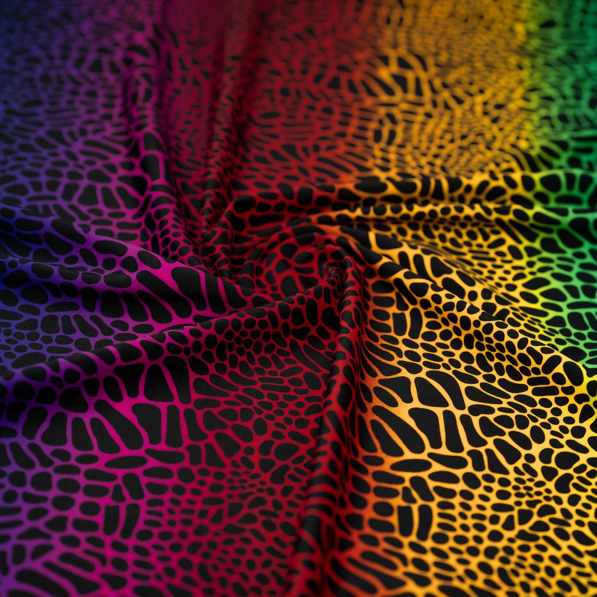 Swirled sample shot of Multicolor Safari Spots Printed Spandex