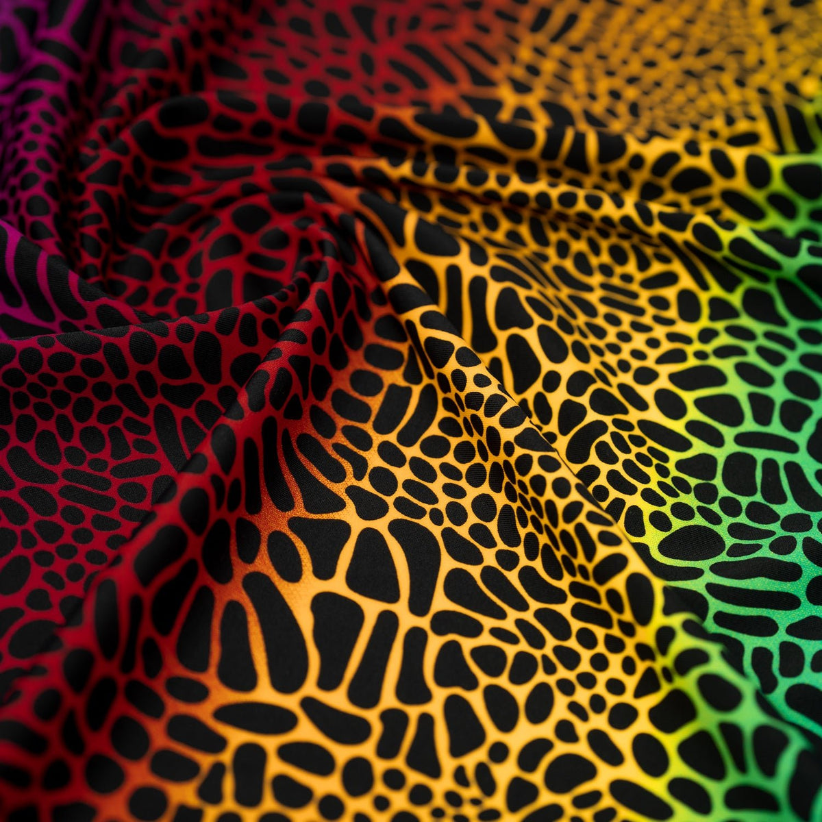 Swirled sample shot of Multicolor Safari Spots Printed Spandex