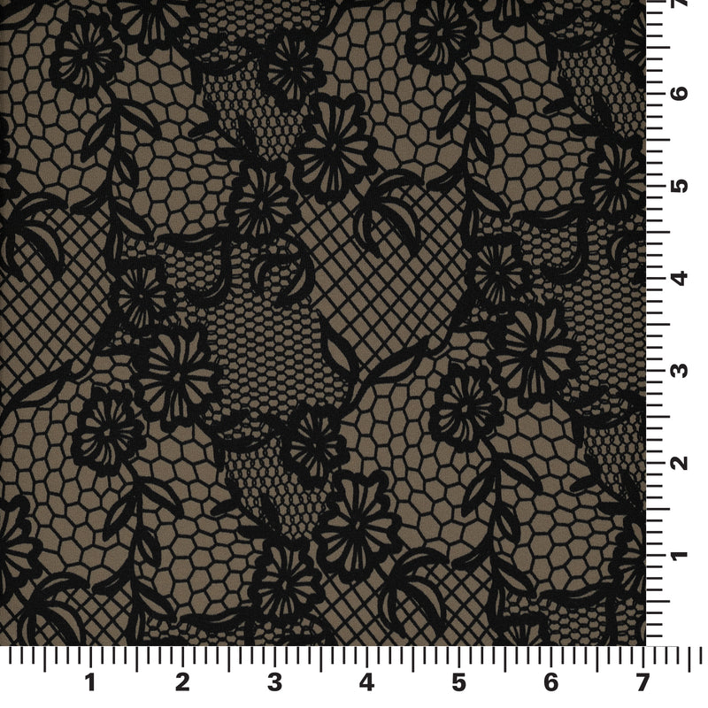 Black Illusion Lace Pattern on Brown Printed Spandex Fabric