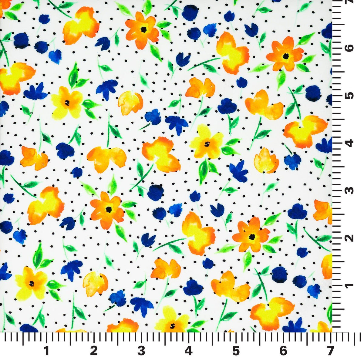 A measured panel 7" x7" piece of Watercolor Flowers and Black Dots Printed Spandex