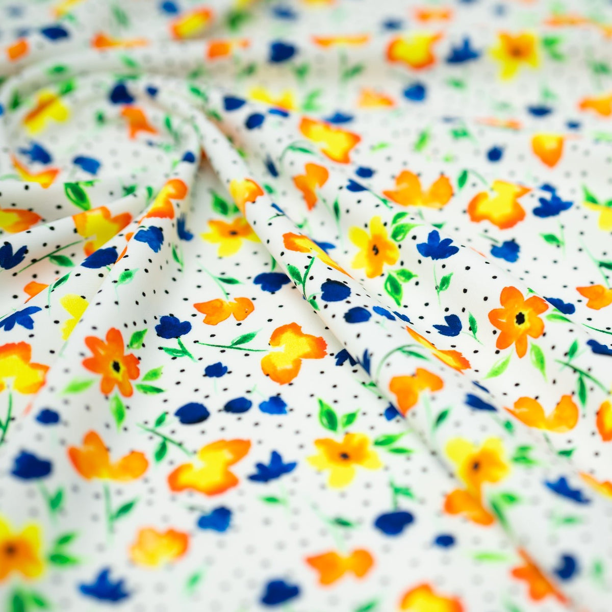 Swirled sample shot of Watercolor Flowers and Black Dots Printed Spandex