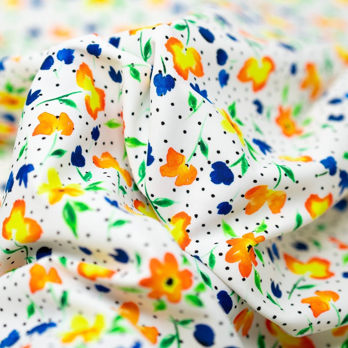 Detailed photograph of Watercolor Flowers and Black Dots Printed Spandex