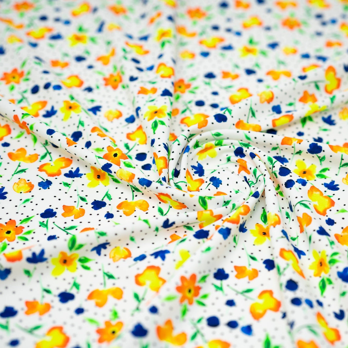 Swirled sample shot of Watercolor Flowers and Black Dots Printed Spandex