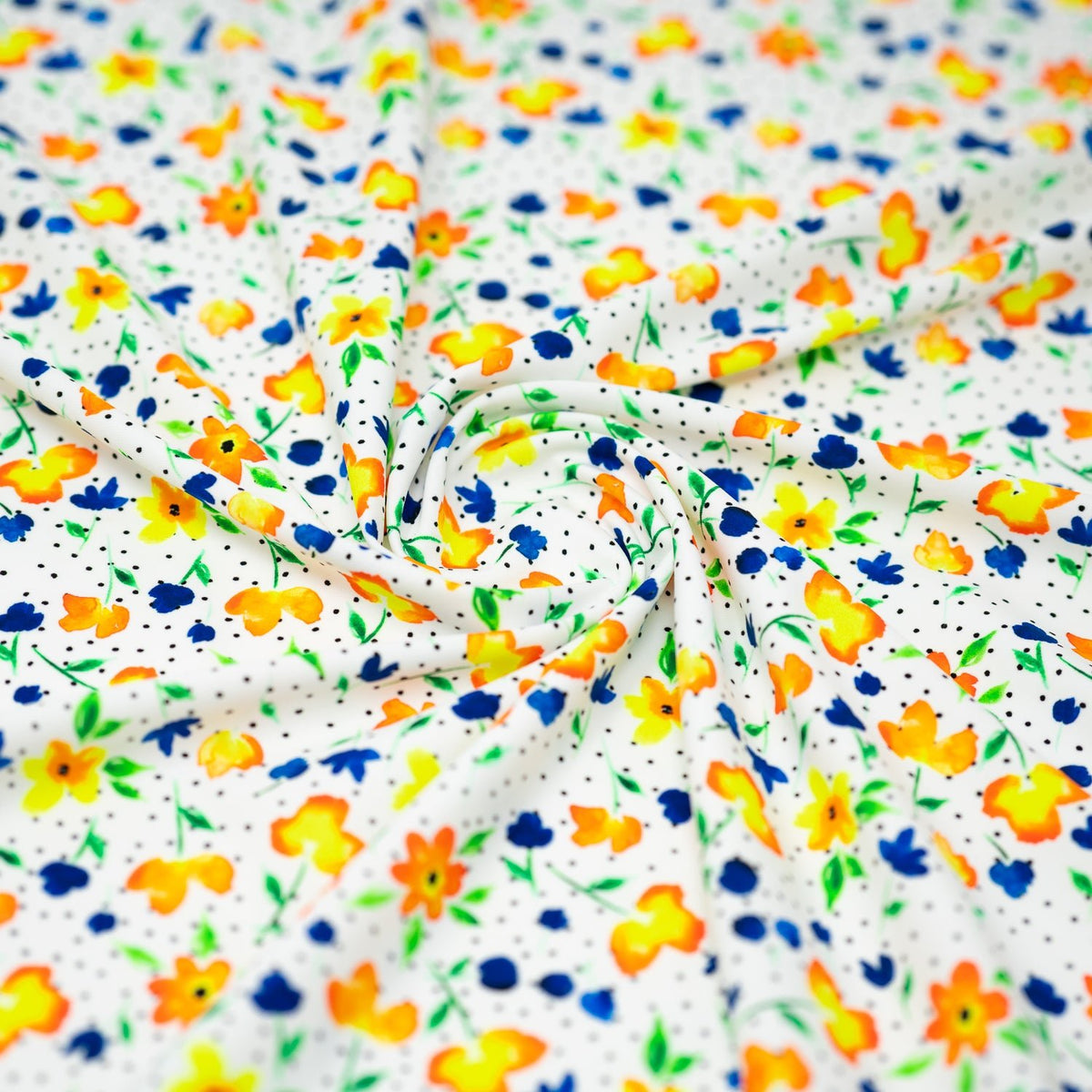 Swirled sample shot of Watercolor Flowers and Black Dots Printed Spandex
