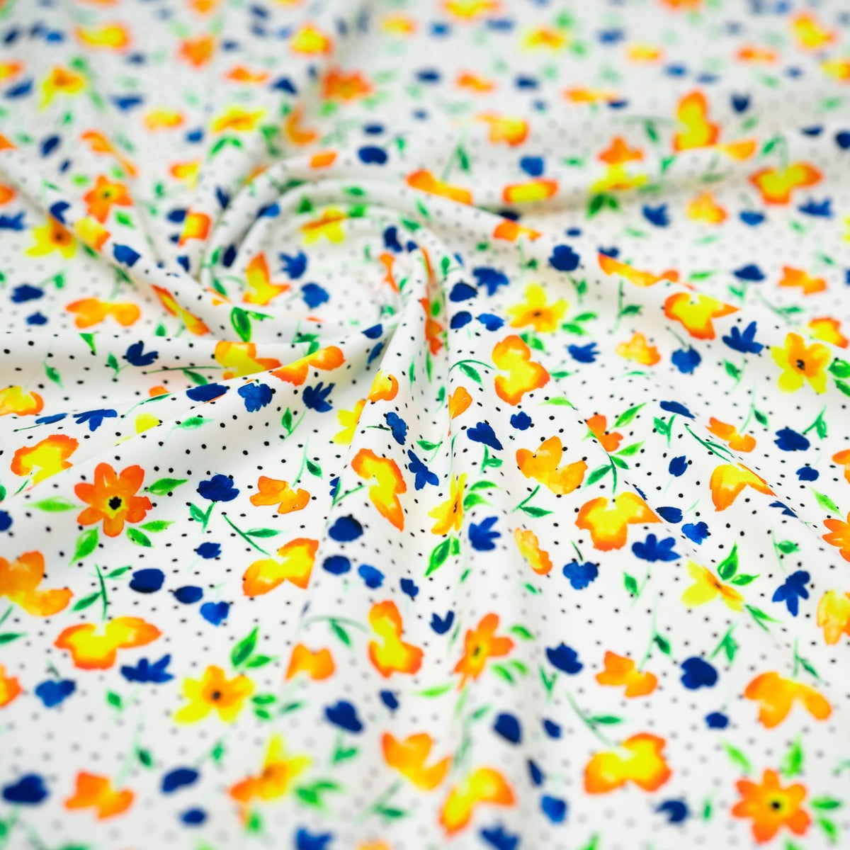 Swirled sample shot of Watercolor Flowers and Black Dots Printed Spandex