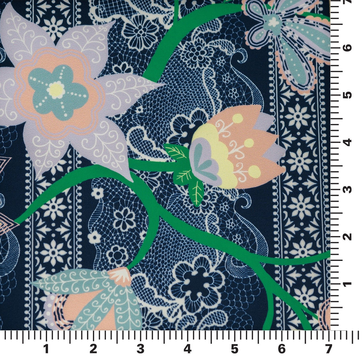 A measured panel 7" x7" piece of Chantilly Floral Lace Printed Spandex